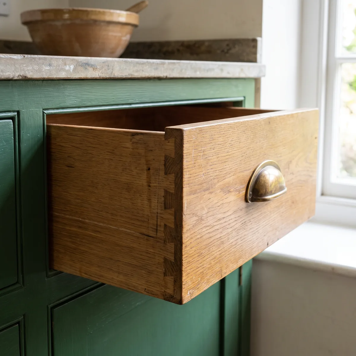 Detail of a dovetailed oak drawer box