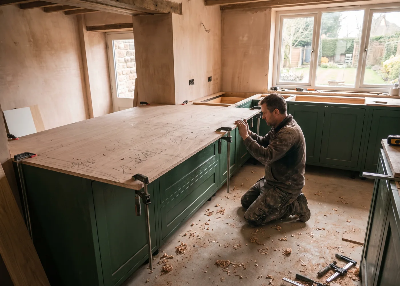 A fitter laying a worktop template across installed units