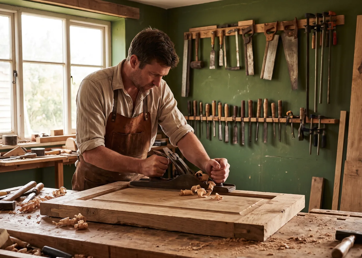 A cabinet maker planing an oak end panel in the workshop